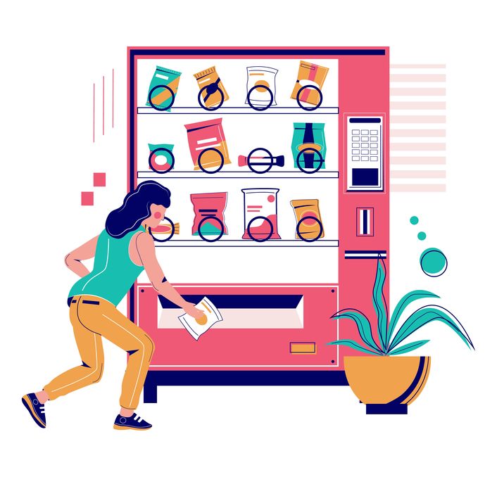 A cartoon of a woman buying a snack from a vending machine