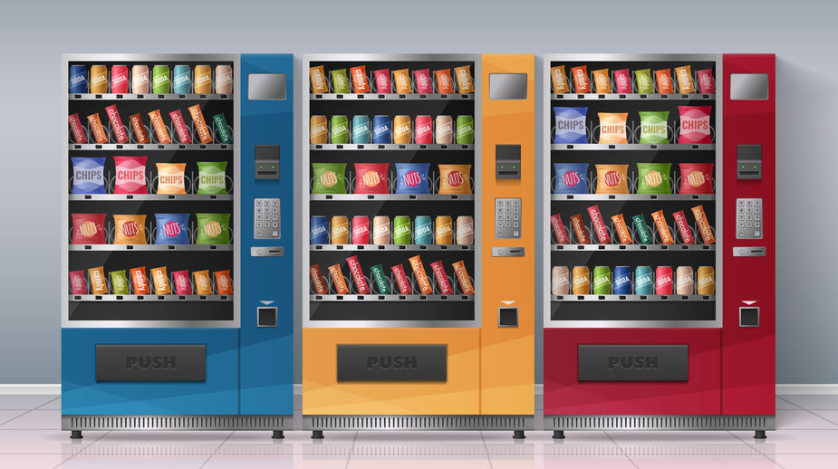 A rendering of three fully-stocked vending machines. The one on the left is blue, the one in the middle is yellow, and the one on the right is red.